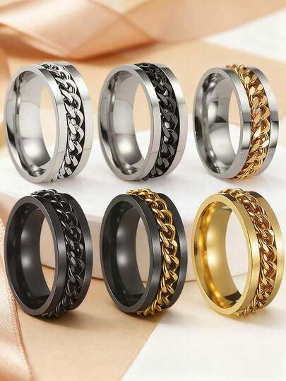 1 set (5 st/6 st) rostfria stålringar med roterbar kedja, parring, multifunktionella smycken, mode 8 mm ring, presenter till män
