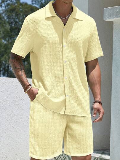 2pcs/Set Fashionable European Style Jacquard Casual Brand Loose Short Sleeve Shirt And Pants Suit, Versatile Beach Holiday Outfit, Suitable As Gift For Husband/Boyfriend