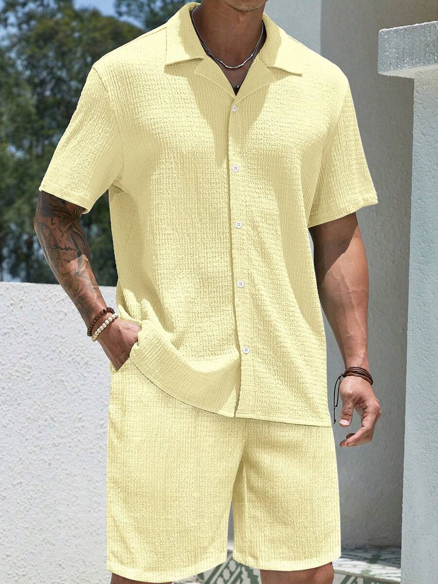 2pcs/Set Fashionable European Style Jacquard Casual Brand Loose Short Sleeve Shirt And Pants Suit, Versatile Beach Holiday Outfit, Suitable As Gift For Husband/Boyfriend - 黃色 - 查看 1