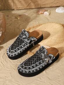 Sandalias de mujer de verano nuevas, sandalias con suela gruesa y adornos de rhinestone, estilo slip-on para playa y vacaciones, adecuadas para uso diario y viajes al aire libre - Negro - Ver 5