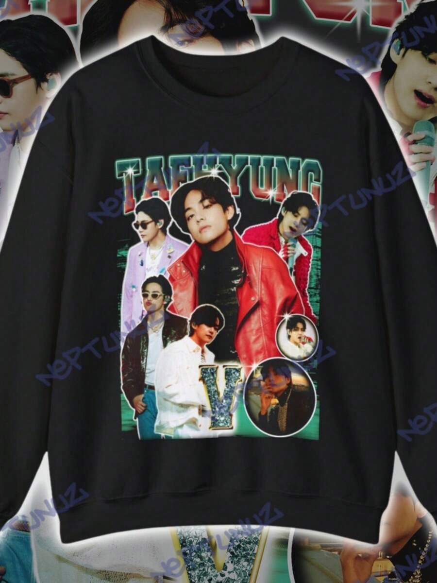 Kpop Sweatshirt Taehyung V  Kpop Retro 90s Style Pullover - Vintage Bo (2) - 黑色 - 查看 1