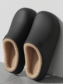 Men's PU Leather Flat Warm Slippers, Indoor/Outdoor EVA Plush Closed-Toe Slippers, Autumn/Winter