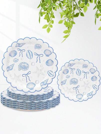 10pcs/20pcs/50pcs Blue Scalloped Coastal Party Plates Ocean Theme Party Decorations Tropical Blue Bow Starfish Seashell Tableware Blue Bachelorette Decoration For Summer Beach Wedding Bridal Shower Birthday Supplies