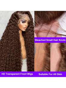 ZHENDEFA 360度全蕾丝前假发,真人发,预拔毛水波纹,360度全蕾丝真人发假发,女士高清湿波纹蕾丝前假发(无需胶水),卷发假发,棕色 - S4 - 查看 5