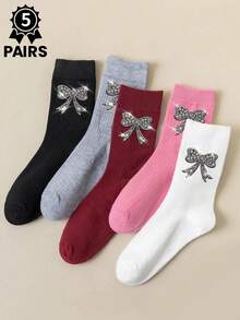 Conjunto de 5 pares de meias femininas de cano médio com laço brilhante em formato de diamante, respiráveis, com absorção de umidade e design moderno. - Multicolorido - Ver 13