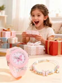 2pcs/Set Cartoon Electronic Watch, Cute Pattern, Soft Silicone Strap, Student Watch, Cross-Border Hot Selling Toy Watch, Gift For Holidays, New Year - Pink - View 4