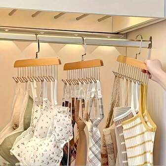 3 st. BH-hängare, linnehängare, singelförpackning, med 8 krokar vardera, rymmer 24 BH:ar; platsbesparande träorganisatör; 360° roterande garderobsorganisatör, lämplig för linnen, badkläder, klänningar; för förvaring i studenthem och lägenhet.