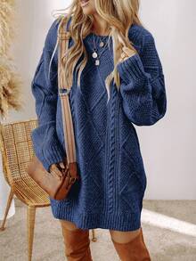 Acelitt Autumn/Winter Women's Solid Color Knitted Textured Pattern Dropped Shoulder Oversized Sweater Dress, Order One Size Down Vacation - Blue - View 5