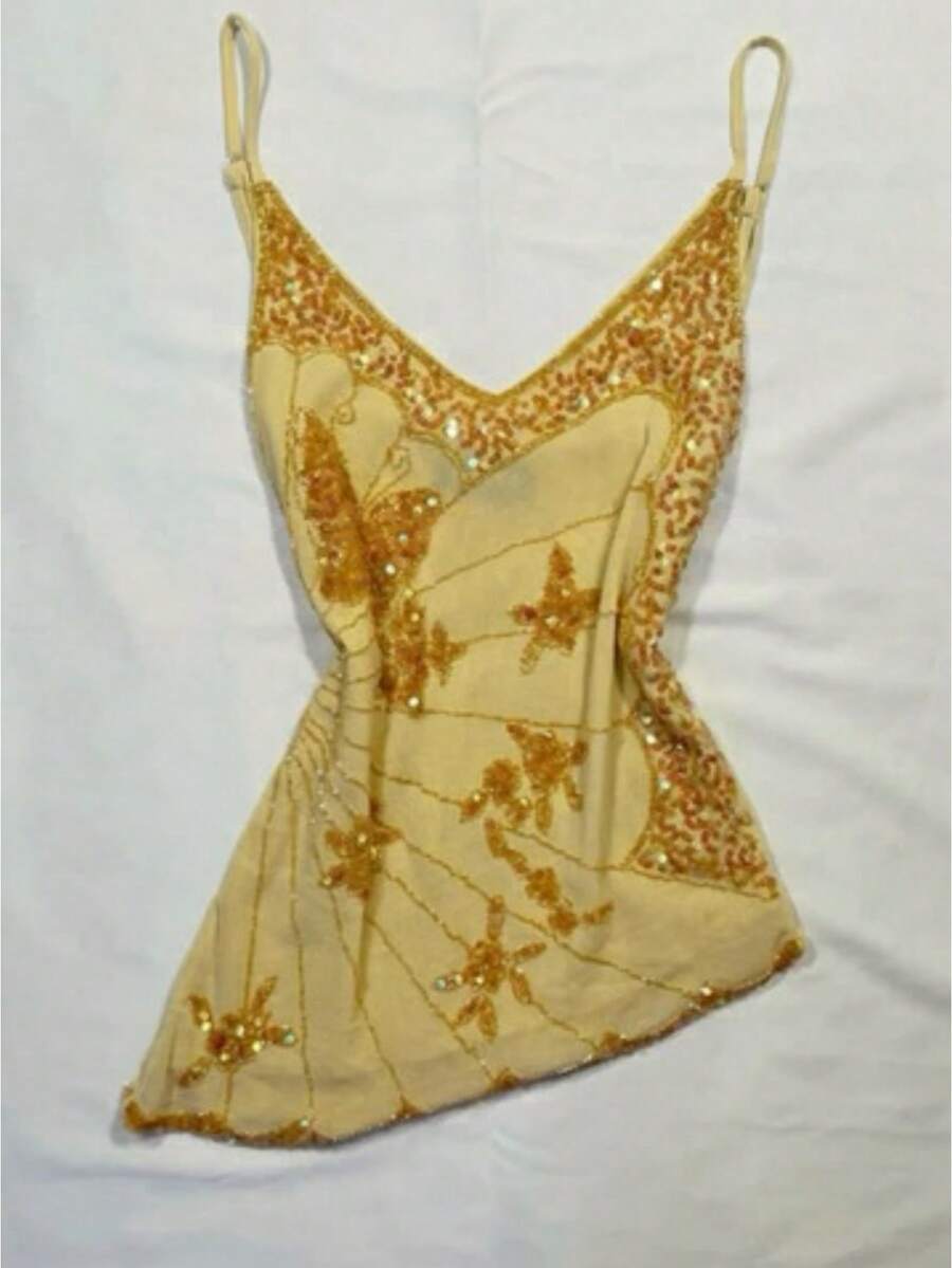 Women's Sequin Butterfly Cami Tops Sleeveless Spaghetti Strap Sheer Camisole Summer Shirt Fanciable Party Tops - 淺黃 - 查看 1
