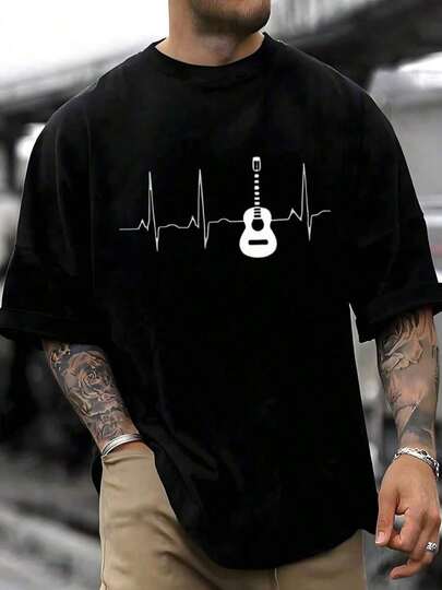 Camiseta Hombre de Algodón 100% Negro, Estampado de Guitarra y Latido Cardíaco, Ligera para Uso en Conciertos y Momentos Relajados, Perfecta para Músicos y Jóvenes Amantes de la Música, Manga Corta, Suave al Tocar,playera de hombre,camisas de hombre,halloween,disfraz halloween hombre,playeras,ropa de hombre,camisas,halloween hombre,kpop ,regalos para tu novio,old money hombre,sudaderas,blusas mexicanas de septiembre.