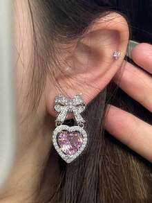 1 Pair Pink Crystal Heart Earrings, Rhinestone Bow Cute & Sweet Earrings For Women, Luxury Gift Suitable For Girlfriend Or Mother - Love - View 8