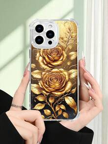 1 pieza Funda de teléfono con diseño de rosas doradas sobre fondo oscuro, estilo lujoso y clásico, funda transparente resistente a golpes, ligera y con corte preciso, compatible con iPhone 17/16/15/14/13/12/11/XS/XR/X/PLUS/PRO/PROMAX, compatible con Galaxy A34/A35/A54/A55, Galaxy S20/S21/S22/S23/S24 Ultra/Plus, compatible con Moto/Galaxy/Redmi/Honor/OPPO, regalo de fiesta - transparente - Ver 2