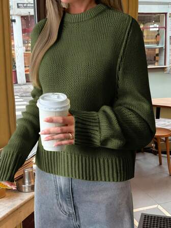 Just Masa 女士新款冬季毛衣，休闲纯色绿色，简约日常短款圆领长袖毛衣