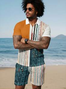 Men's Zip-Up Striped & Geometric Print Polo Shirt And Shorts Casual Suit - Multicolor - View 6