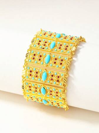 1条复古时尚微镶嵌红色锆石和绿松石宽手链，适合日常、度假、约会佩戴、节日礼物