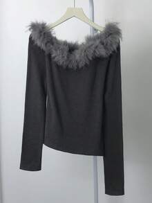 独特设计毛绒领斜肩长袖T恤，修身打底衫，女士春季款 - 灰色 - 查看 9