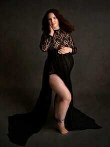 Irresista Maternity 2 PC Lace Sexy See-Through Long Sleeves Bodysuit & Chiffon Slit Skirt Set For Photoshoot - Black - View 6
