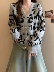 Cardigan de Tricô Vintage com Decote em V na Moda para Mulheres, Suéter de Manga Longa com Contraste de Cor e Estampa de Leopardo por Toda Parte, Fechamento com Botões, Adequado para Uso Diário, Outono/Inverno