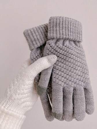 Winter New Pineapple Style Full Finger Touchscreen Knitted Warm Thickened Jacquard Fashion Gloves Knitted Hat Winter Style, Unisex Warm Beanie Hat, Solid Color Fingerless Knitted Gloves