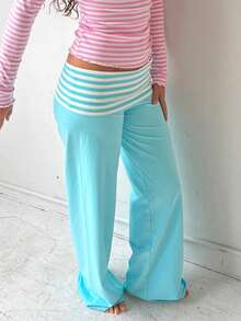 Women's Y2K Striped Wide-Leg Pants - Fold-Over Waist Casual Lounge Trousers - Retro Sweet Streetwear Pants - Màu xanh lam - Xem 6