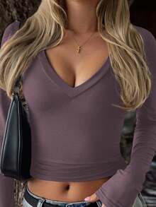 Vaiaye 女士性感修身针织长袖上衣，纯色V领T恤，适合情人节及春季休闲穿着 - 灰紫色 - 查看 11