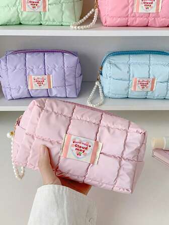 1个女孩马卡龙色豆腐造型化妆包，轻便拉链袋，珍珠手链手柄，化妆品和洗漱用品收纳，甜美风格多功能化妆品整理盒，母亲节礼物，送给女朋友的礼物，送给老师的礼物