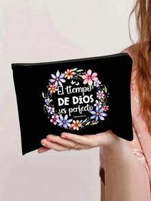 印花帆布手提袋 + 黑色收纳袋，饰有花环图案和白色文字“El Tiemeo De Dioses Perbedo”，便携休闲收纳手提包，方便旅行化妆包、手提袋、旅行包、多功能购物袋，适合购物、婚礼、生日、海滩、假日、返校、圣诞节、感恩节、新年等场合作为礼物。 - 彩色 - 查看 6