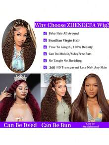 ZHENDEFA 360度全蕾丝前假发,真人发,预拔毛水波纹,360度全蕾丝真人发假发,女士高清湿波纹蕾丝前假发(无需胶水),卷发假发,棕色 - S4 - 查看 7