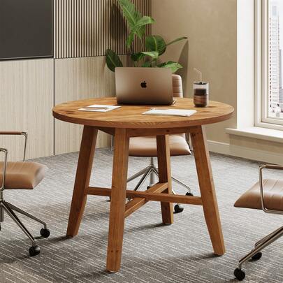 Tribesigns 31.5-Inch Small Round Conference Table For 2-4,  Solid Wood Office Table For Small Spaces, Meeting Room, Offices, Easy Assembly, Space Saving (Brown)