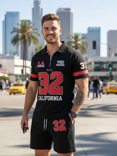 Herren Numerik-Muster Kurzarm Reißverschluss Poloshirt und Shorts Freizeitanzug