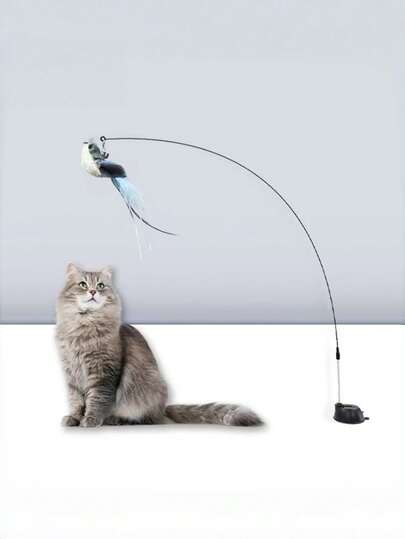 Juguete de varita con plumas y campana para gatos, palo de acero con base de ventosa, juguete de autoentreteniniento para gatos | Juguete de gato divertido | Juguete de gato duradero, varita de juego con plumas de fibra artificial para gatos, suministros para gatos