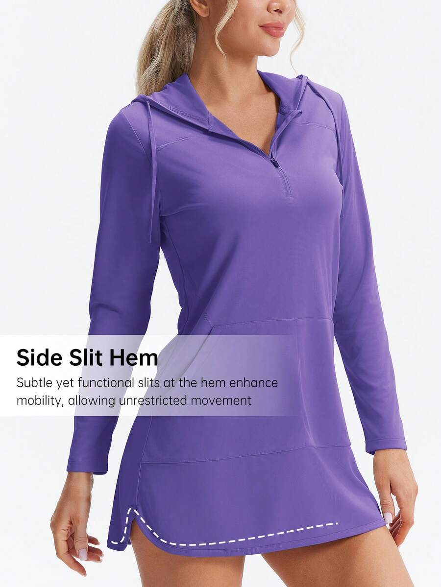HOTSUIT Women's Hooded Long Sleeve Shirt With Pockets, Half-Zip Design, Suitable For Lightweight Outdoor Sports Like Running And Fishing In Summer - Lilac Purple - View 1