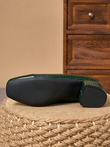 Dark Green Patent Two-Tone Stone-Texture Square Toe Block Heel Pumps – 5cm - Dark Green - View 7