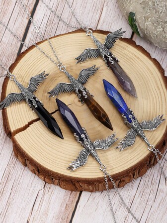 1 adet Reiki Kristal Melek Kanatları Kolye Enerji Şifası Doğal Taş Ametist Kolye Muska Takı Hediyesi Kadınlar Erkekler İçin H806