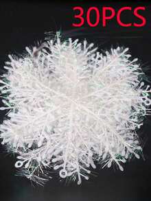 30个圣诞白色雪花装饰品，塑料闪光雪花装饰品，适用于冬季圣诞树装饰，尺寸各异，工艺雪花 - 白色 - 查看 2
