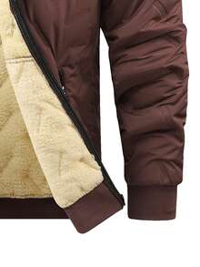 Men's Fleece-Lined Thickened Solid-Color Cotton Puffer Jacket For Winter - Warm, Comfortable, Hooded Zip-Up, Versatile Casual Outerwear - màu nâu - Xem 5