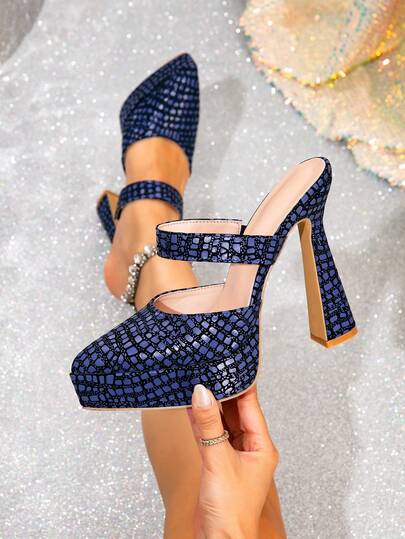 Closed Toe Platform Slip-On Chunky Heel Sandals, Pointed Toe Waterproof Stylish High Heels, Alligator Print, Fashion & Versatile, Summer
