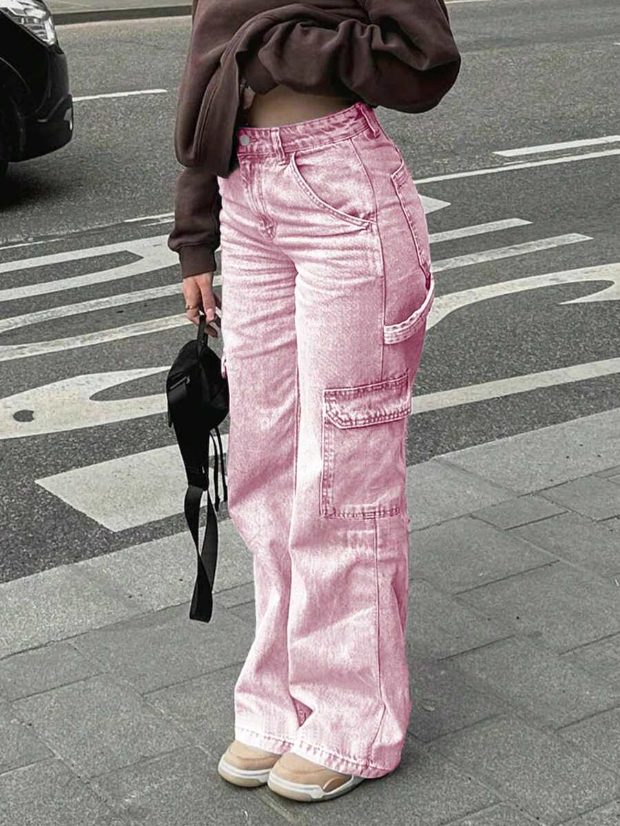 Women's Front Pocket Straight Leg Casual Jeans, Solid Color Minimalist Everyday Wear Jeans - 粉色 - 查看 1