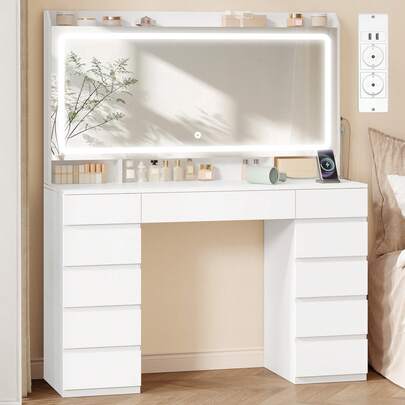 HaluPeit Penteadeira grande com espelho HD grande, iluminação LED em 3 cores e brilho ajustável, 11 gavetas, ideal para o quarto, na cor branca.