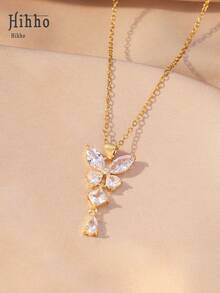 Hihho 1pc Fashionable Luxurious Purple Cubic Zirconia Butterfly Design Pendant Necklace For Women, Decoration Gift