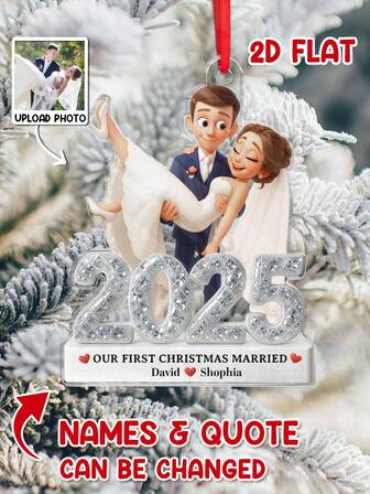 Catygift Customized Newlywed Christmas Decorations, First Christmas As Newlyweds Decorations, Personalized Acrylic Flat Wedding Decorations, Newlywed Gift, First Holiday Decorations (Includes Photo, Names, Blessings And Year)