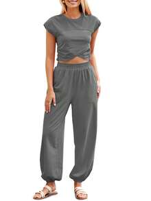 Fisoew Women Two Piece Thin Breathable Outfit Summer 2024 Y2K Loungewear Set Crop Top And Joggers Lightweight Tracksuit With Pockets Casual Streetwear - 深灰色 - 查看 5