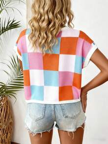 Plus Size Women Colorful Plaid Crew Neck Casual Aran Knit Sweater Pullover - Multicolor - View 3