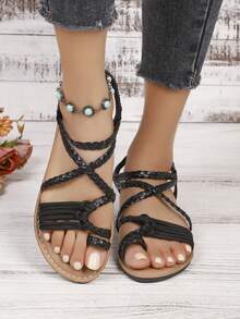 Sandalias planas cómodas y versátiles de mujer con diseño tejido, para el verano - Negro - Ver 4