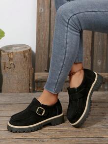 New Women Thick Sole Slip-On Buckle Casual Comfortable Preppy Style Loafers - Black - View 2