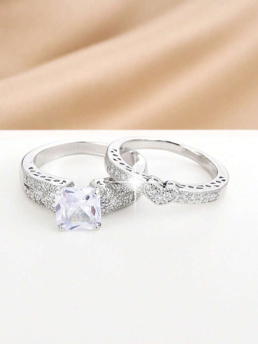 Bộ 2 nhẫn hình trái tim đính đá Zirconia đen chất liệu đồng - trắng - Xem 1