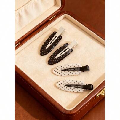 Cute Korean Style 4Pcs Hairpins - Black White Transparent Polka Dot Hair Clips, Daily Wear Fashion Hair Accessories For Women Girls