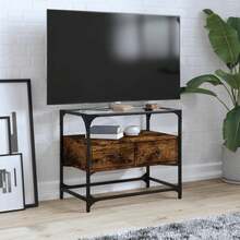 Mobile TV vidaXL con piano in vetro effetto rovere affumicato, realizzato in legno composito. - Cammello - Visualizzare 1