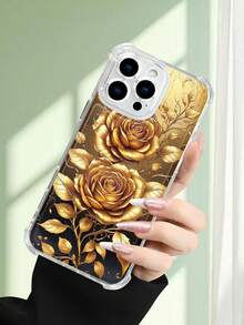 1 pieza Funda de teléfono con diseño de rosas doradas sobre fondo oscuro, estilo lujoso y clásico, funda transparente resistente a golpes, ligera y con corte preciso, compatible con iPhone 17/16/15/14/13/12/11/XS/XR/X/PLUS/PRO/PROMAX, compatible con Galaxy A34/A35/A54/A55, Galaxy S20/S21/S22/S23/S24 Ultra/Plus, compatible con Moto/Galaxy/Redmi/Honor/OPPO, regalo de fiesta - transparente - Ver 3