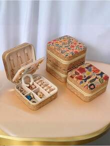 1个复古旅行首饰盒，小型皮革首饰盒，复古镜面首饰盒，收纳整理，复古长款优雅软木便携大容量首饰盒，防尘首饰盒，优雅印花首饰盒，迷你PU皮革复古印花带镜首饰盒 - 彩色 - 查看 8